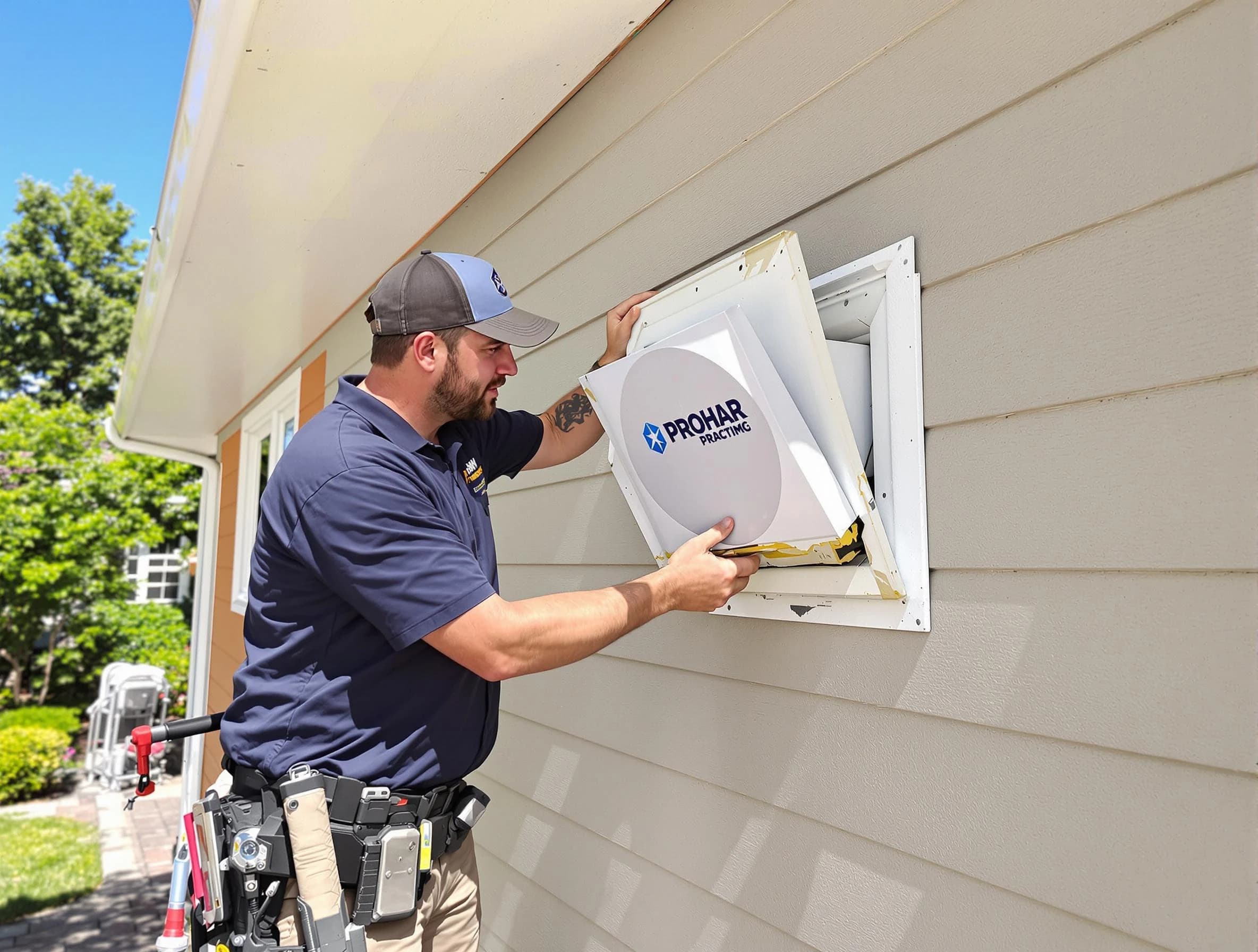 Gilbert Dryer Vent Cleaning technician installing a new protective dryer vent cover on a home in Gilbert