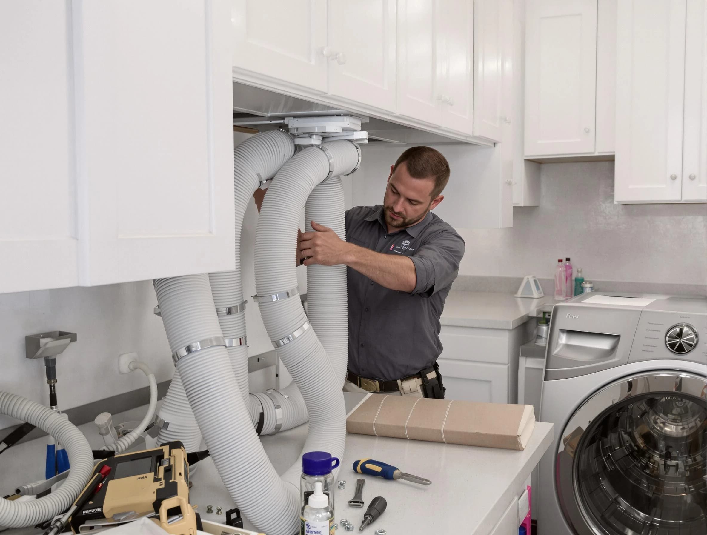 Gilbert Dryer Vent Cleaning technician installing a new professional-grade dryer vent hose in Gilbert