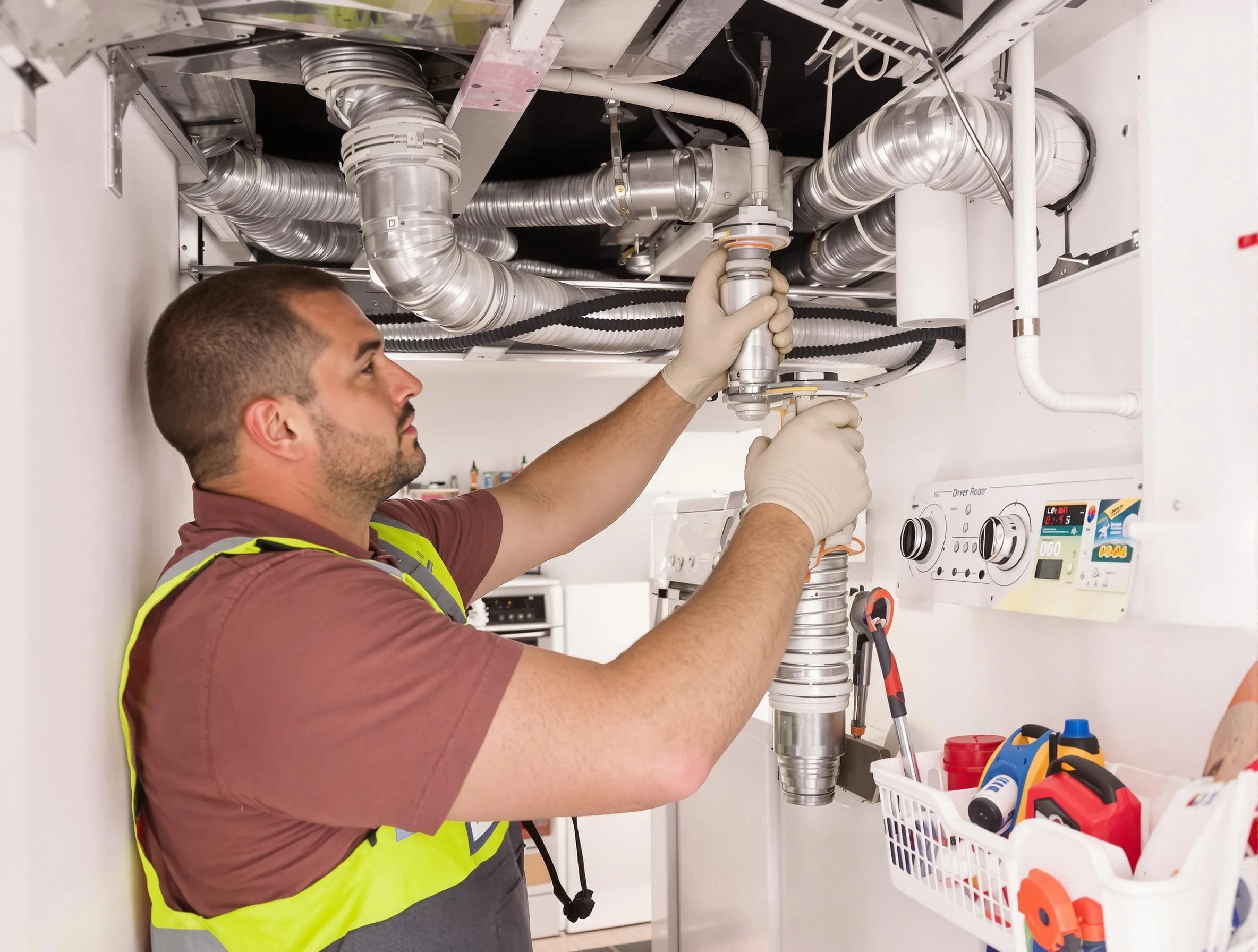 Gilbert Dryer Vent Cleaning expert performing both repair and installation work on a dryer vent system in Gilbert