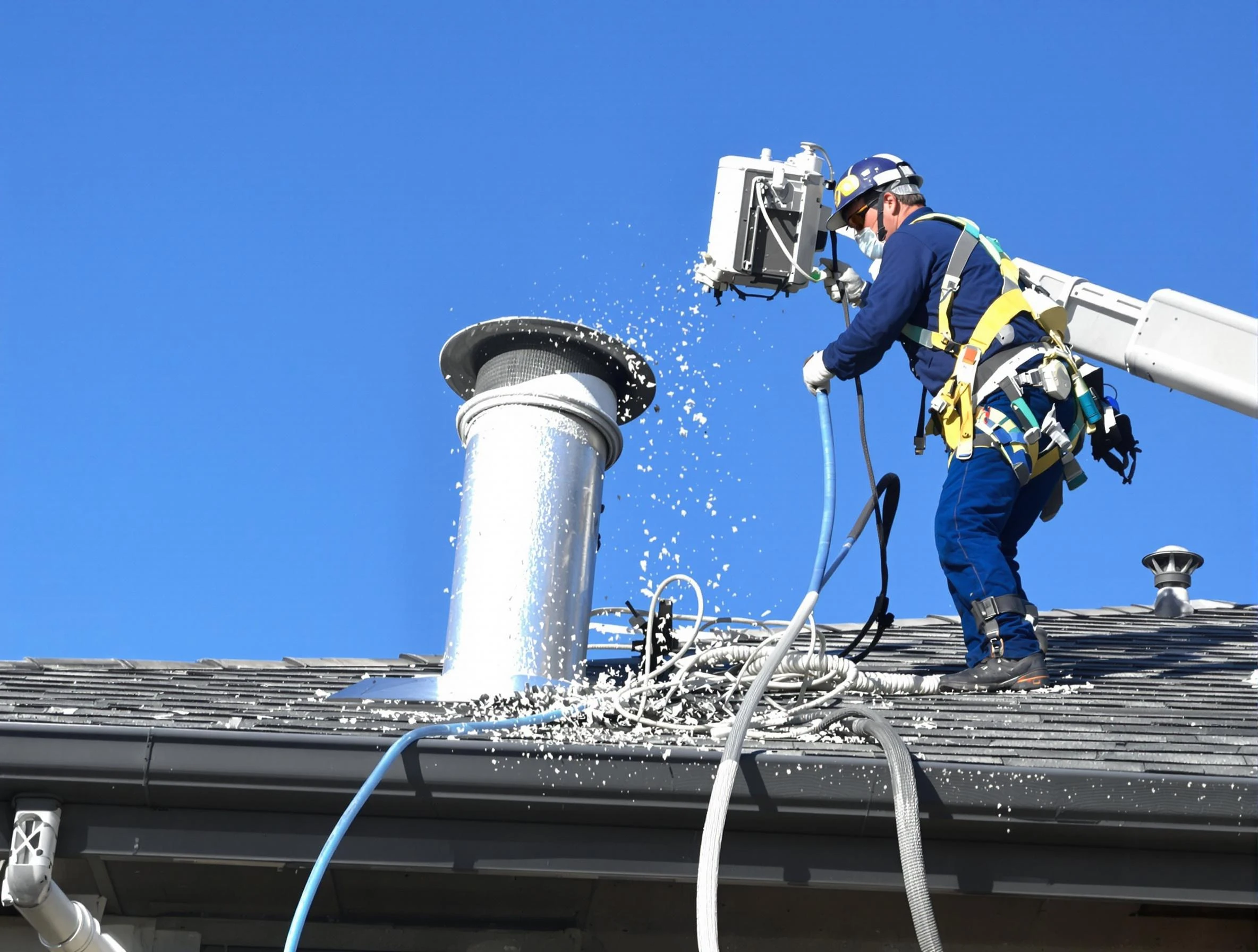 Gilbert Dryer Vent Cleaning certified technician safely cleaning a roof-mounted dryer vent in Gilbert