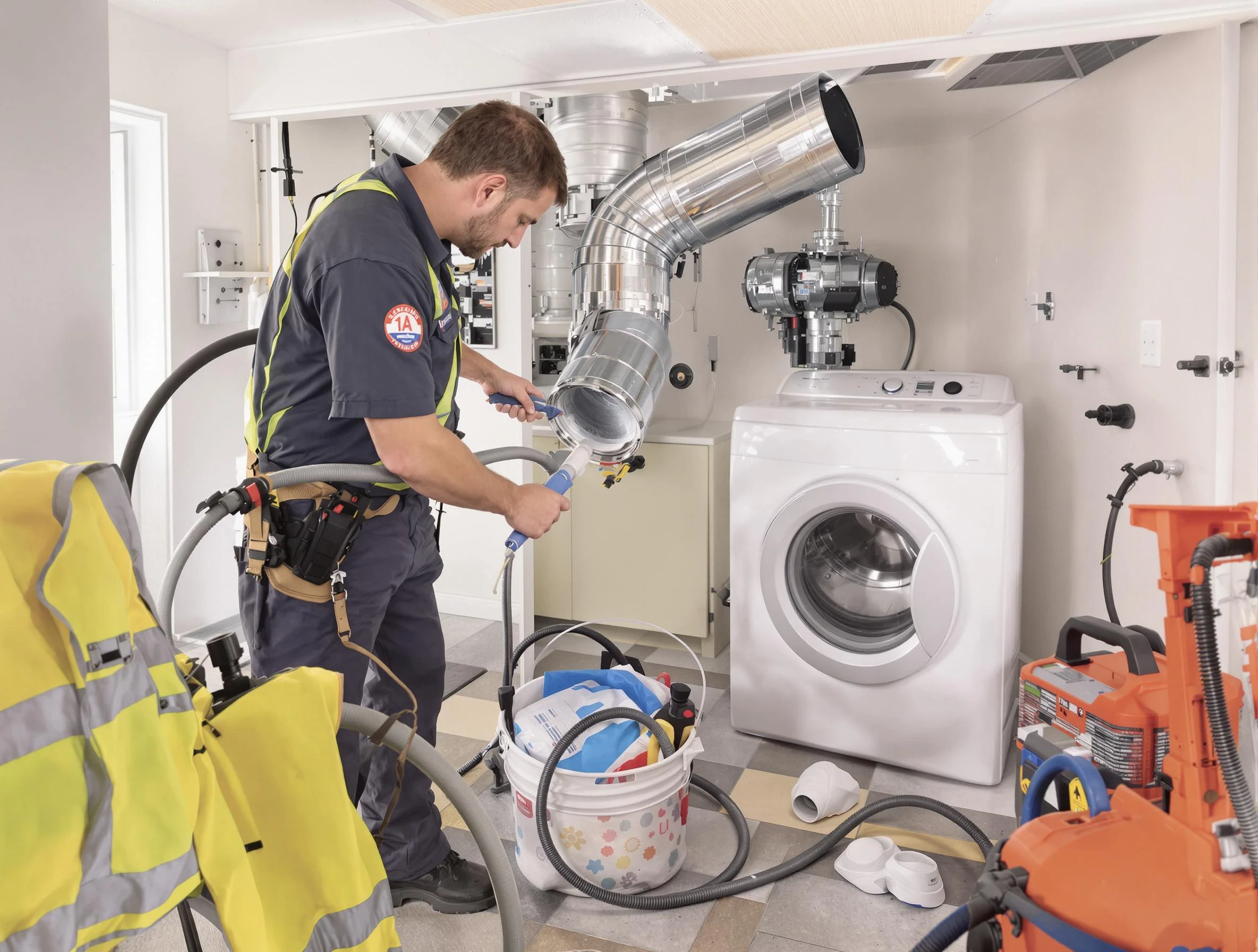 Gilbert Dryer Vent Cleaning technician using specialized equipment to clear severe dryer vent blockage in Gilbert