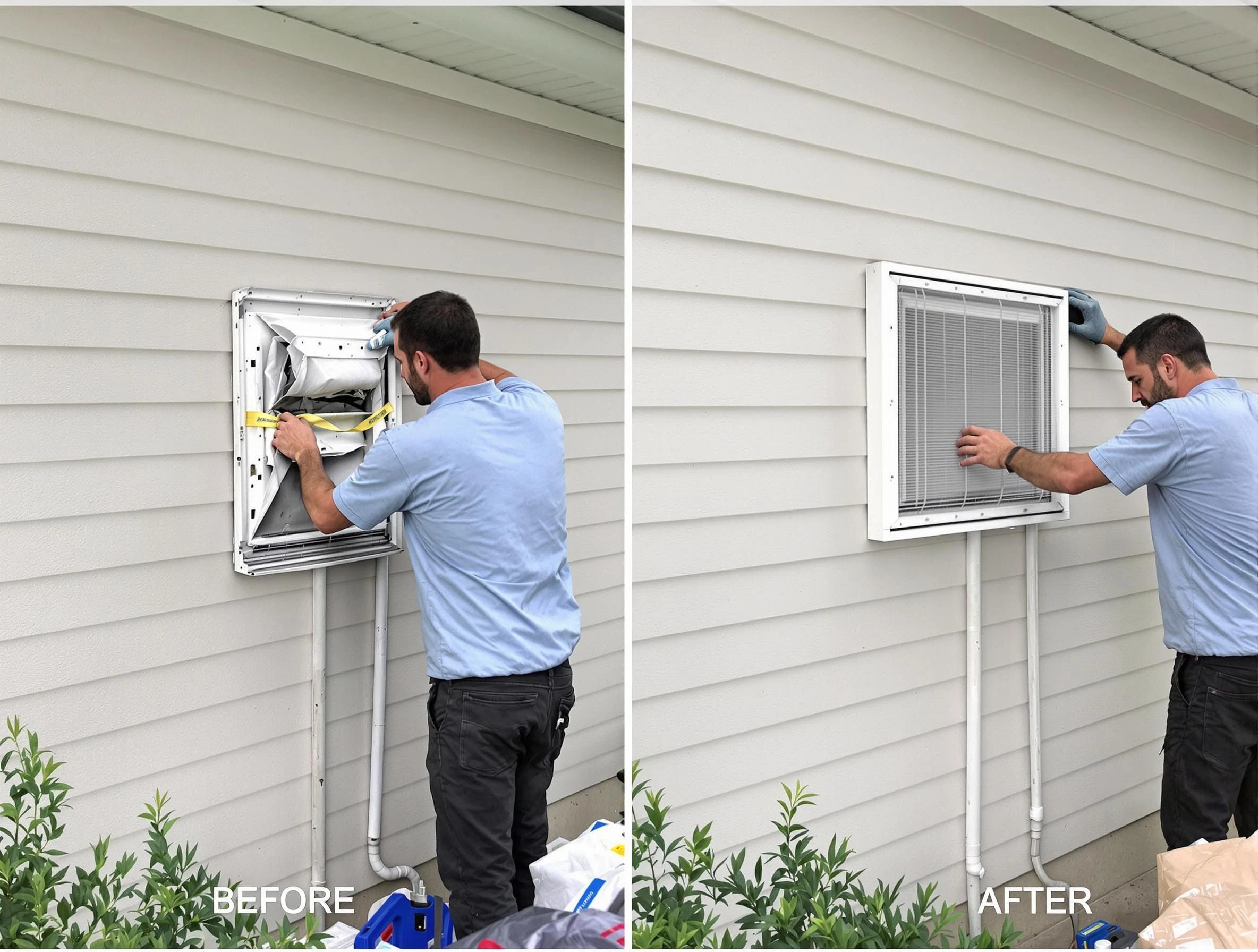 Gilbert Dryer Vent Cleaning technician installing high-quality dryer vent cover at a residential property in Gilbert